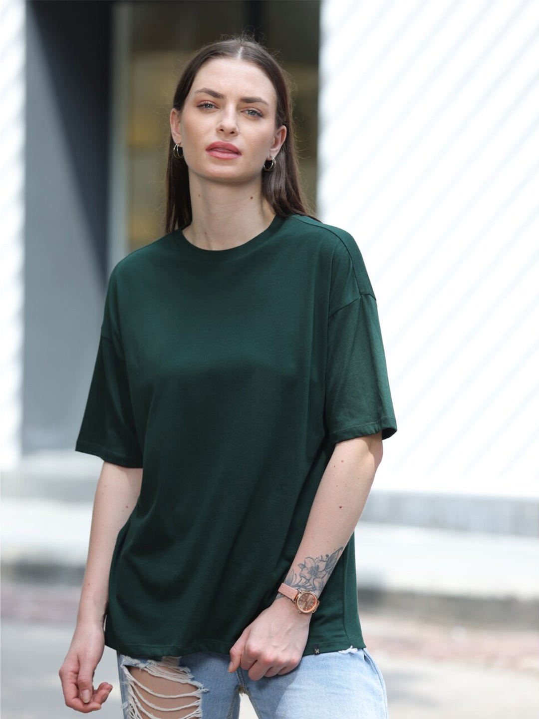 

TITTLI Round Neck Pure Cotton Oversized T-shirt, Green