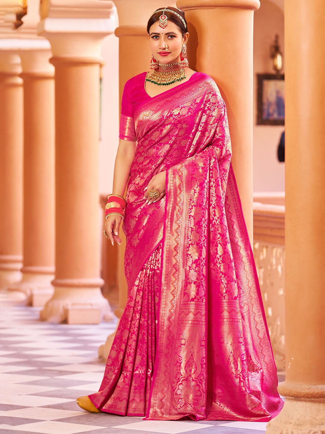 

koram design Ethnic Motifs Woven Design Zari Banarasi Saree, Pink