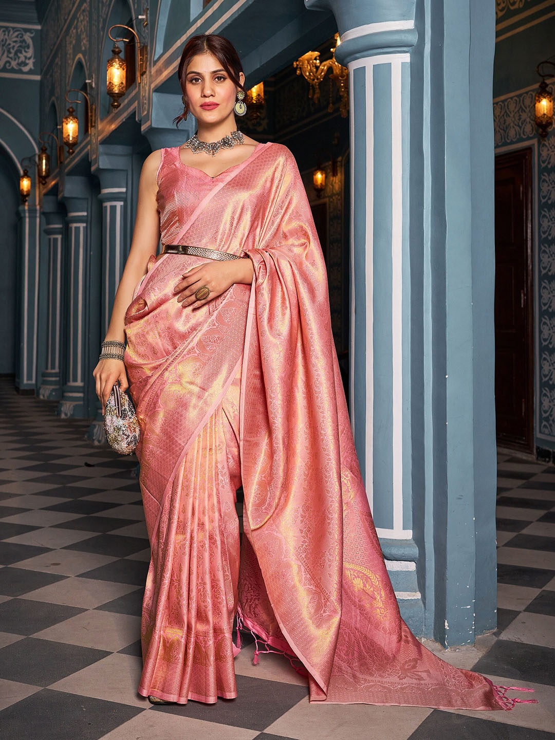 

koram design Ethnic Motifs Woven Design Zari Banarasi Saree, Pink