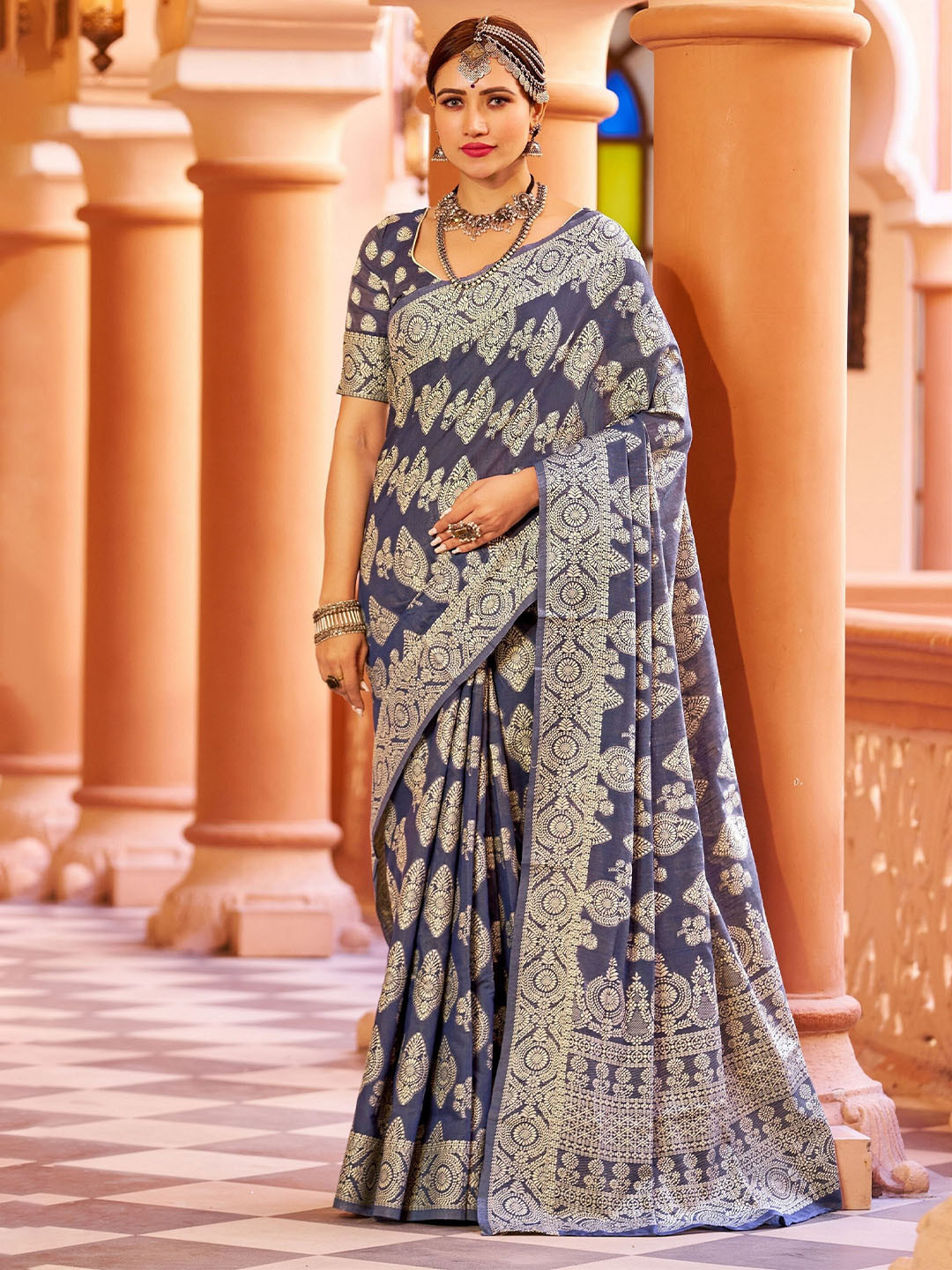 

koram design Ethnic Motifs Woven Design Zari Linen Blend Banarasi Saree, Blue