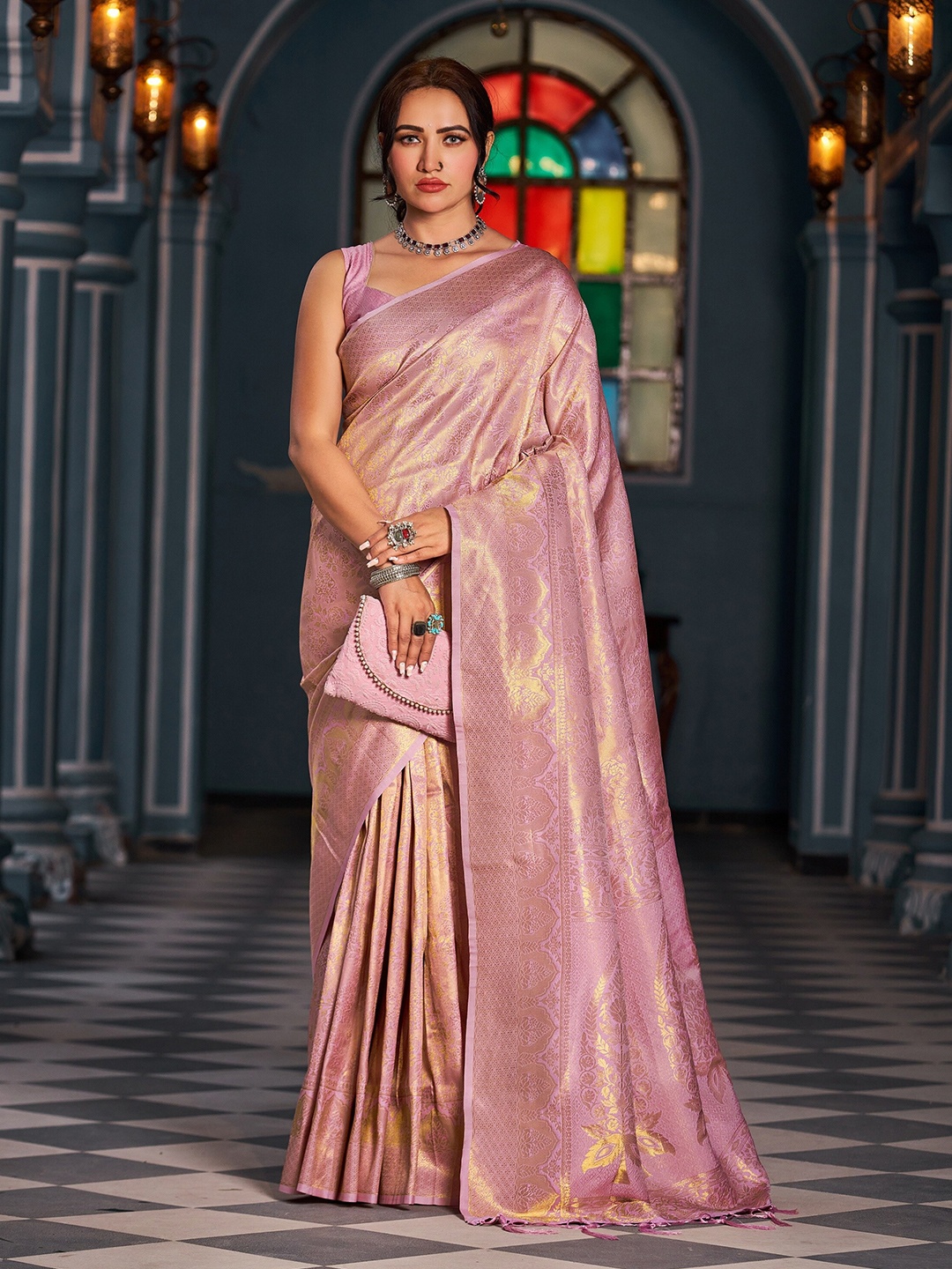 

koram design Ethnic Motifs Woven Design Zari Banarasi Saree, Pink
