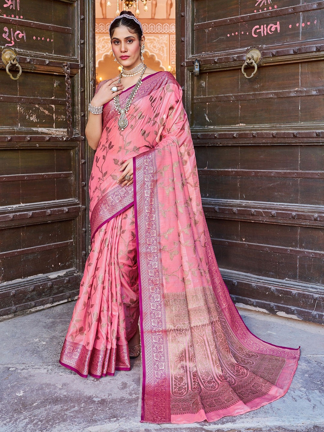 

koram design Ethnic Motifs Woven Design Zari Banarasi Saree, Pink
