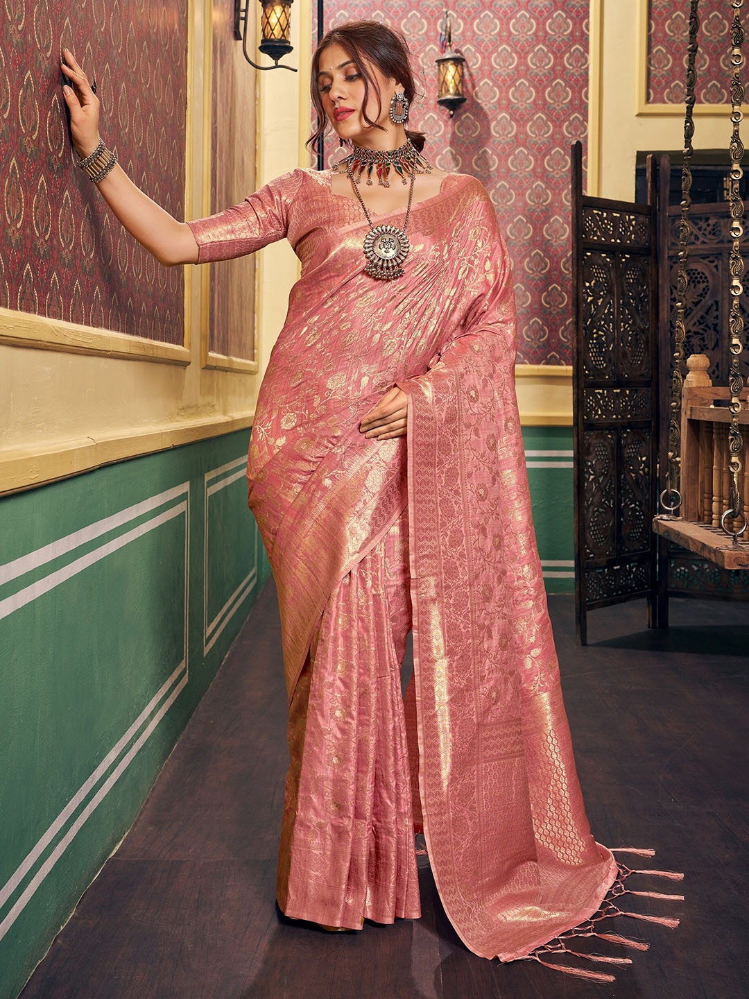 

koram design Ethnic Motifs Woven Design Zari Banarasi Saree, Pink
