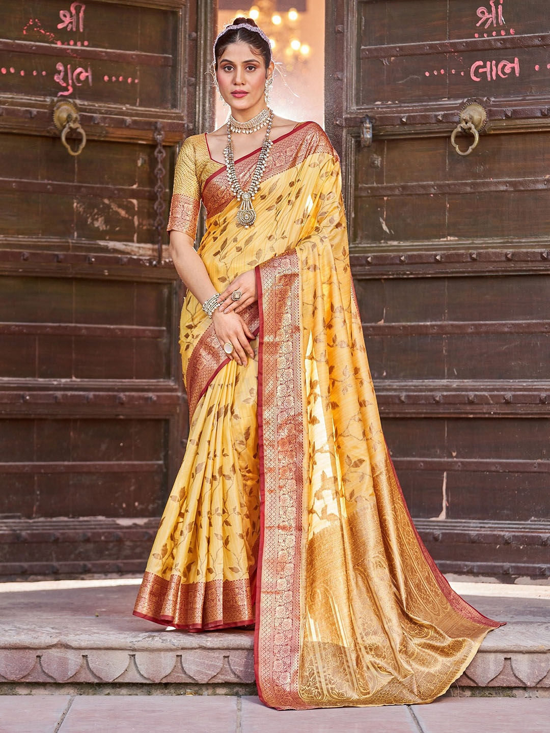 

koram design Ethnic Motifs Woven Design Zari Banarasi Saree, Yellow
