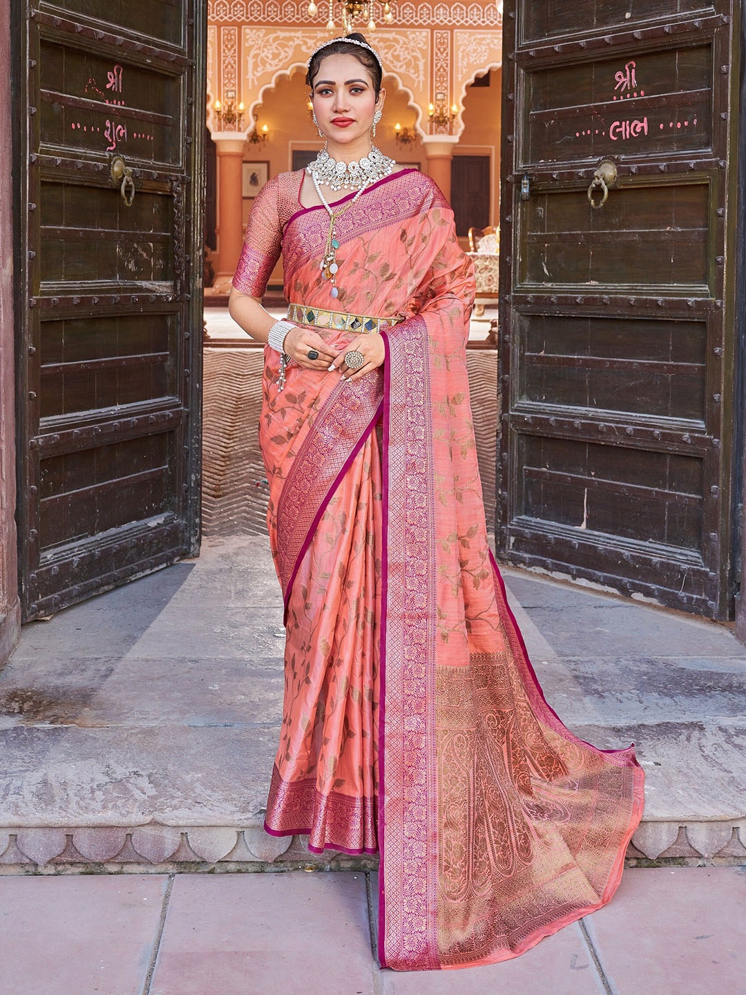 

koram design Ethnic Motifs Woven Design Zari Banarasi Saree, Peach