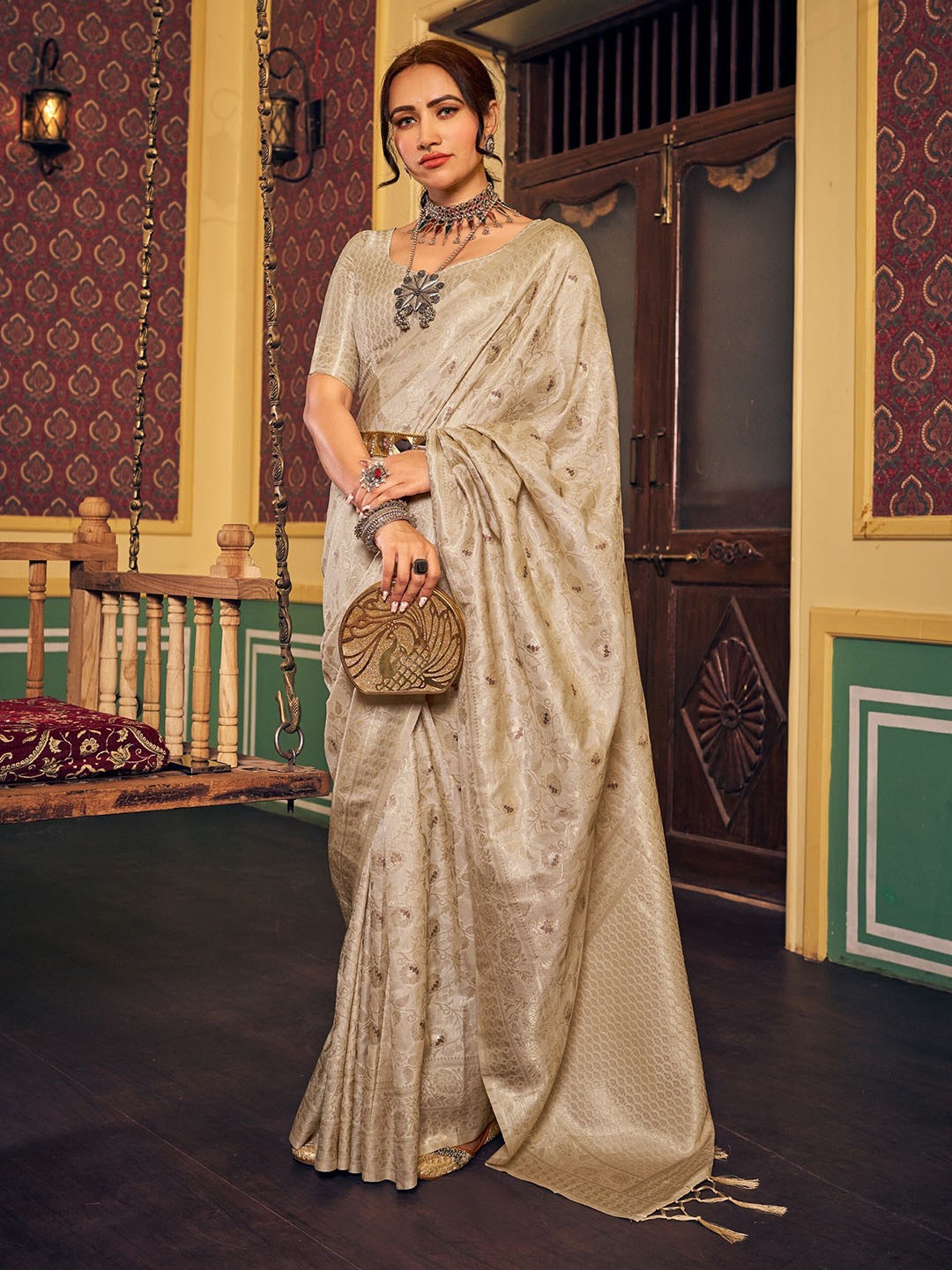 

koram design Ethnic Motifs Woven Design Zari Banarasi Saree, Cream