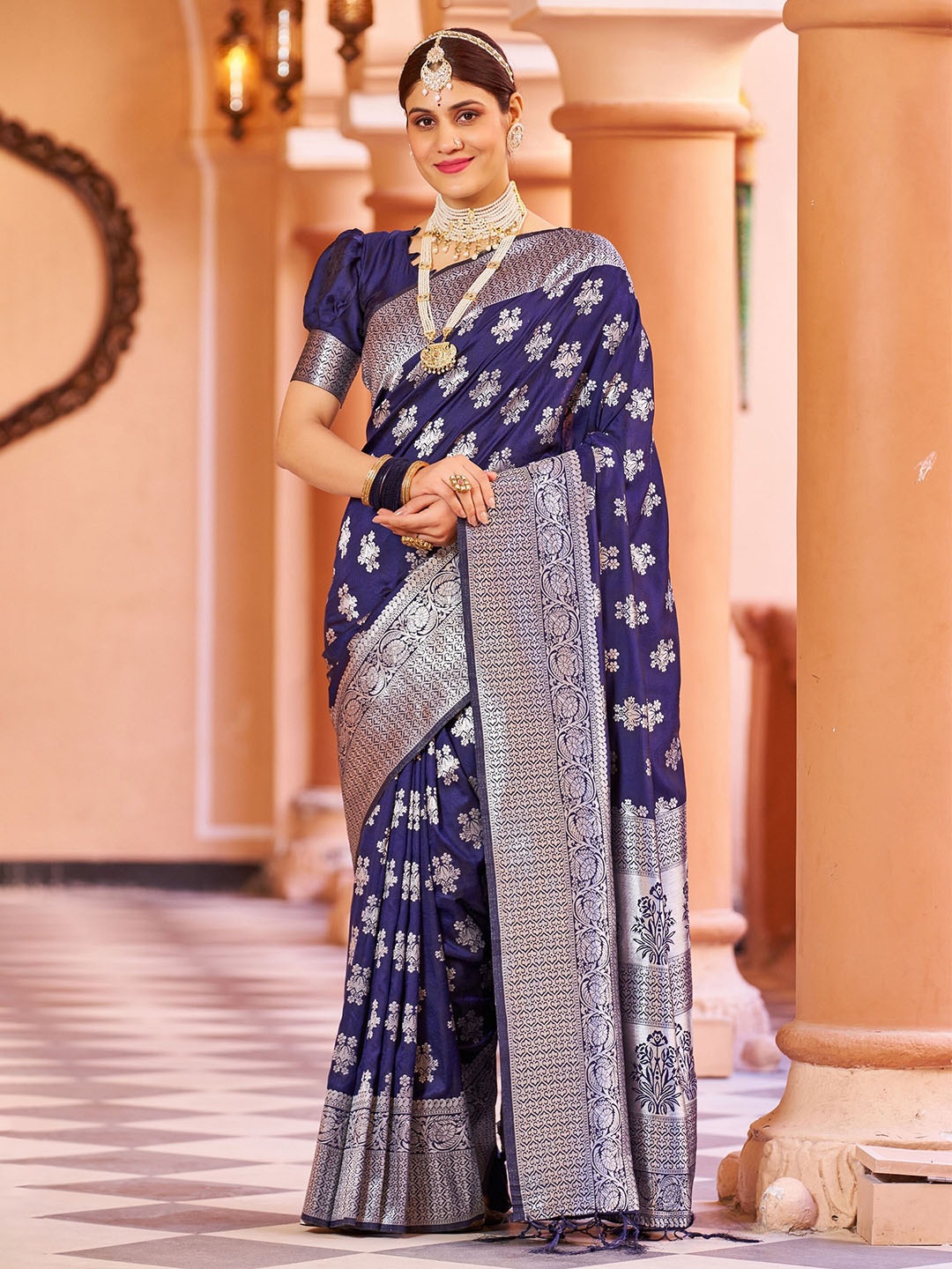 

koram design Ethnic Motifs Woven Design Zari Banarasi Saree, Blue