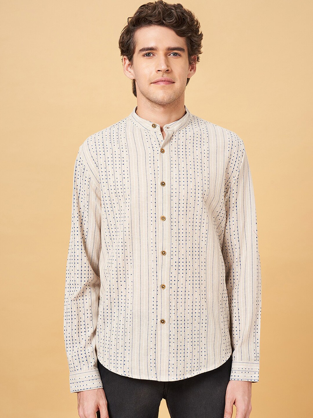 

indus route by Pantaloons Vertical Striped Band Collar Cotton Casual Shirt, Off white