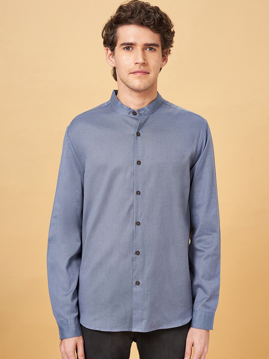 

indus route by Pantaloons Band Collar Cotton Casual Shirt, Blue