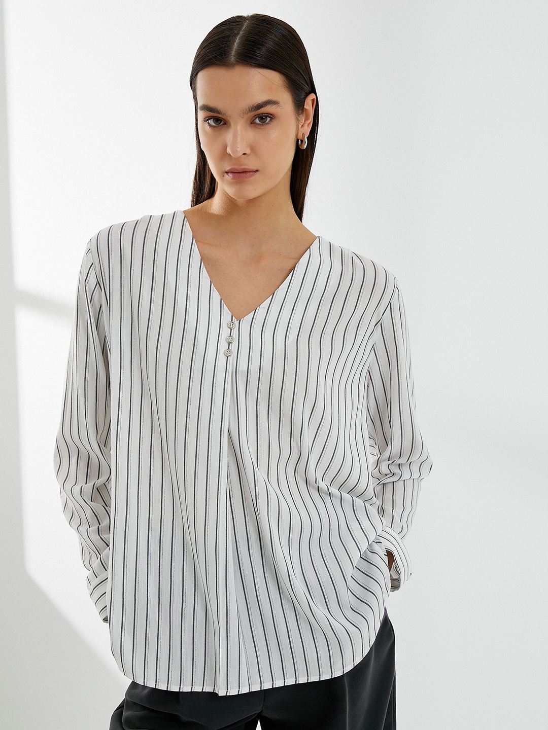 

Koton V-Neck Striped Longline Top, White