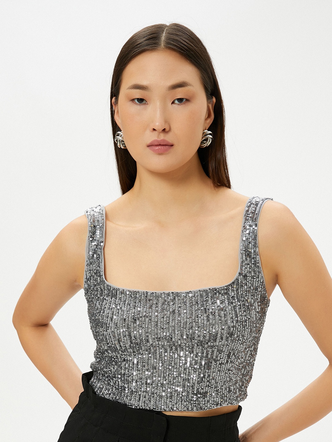 

Koton Sequinned Square Neck Fitted Crop Top, Grey