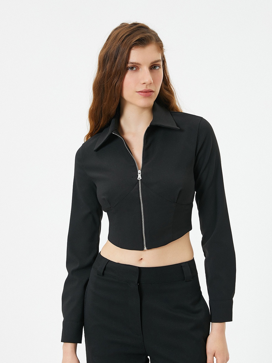 

Koton Cropped Shirt Style Top, Black