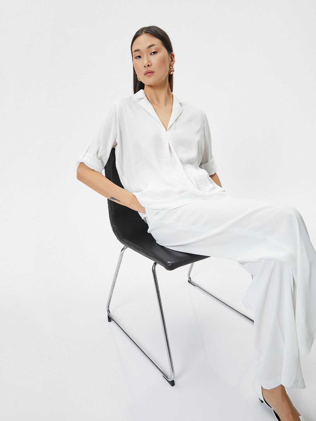 

Koton Lapel Collar Roll-Up Sleeves Shirt Style Top, Off white