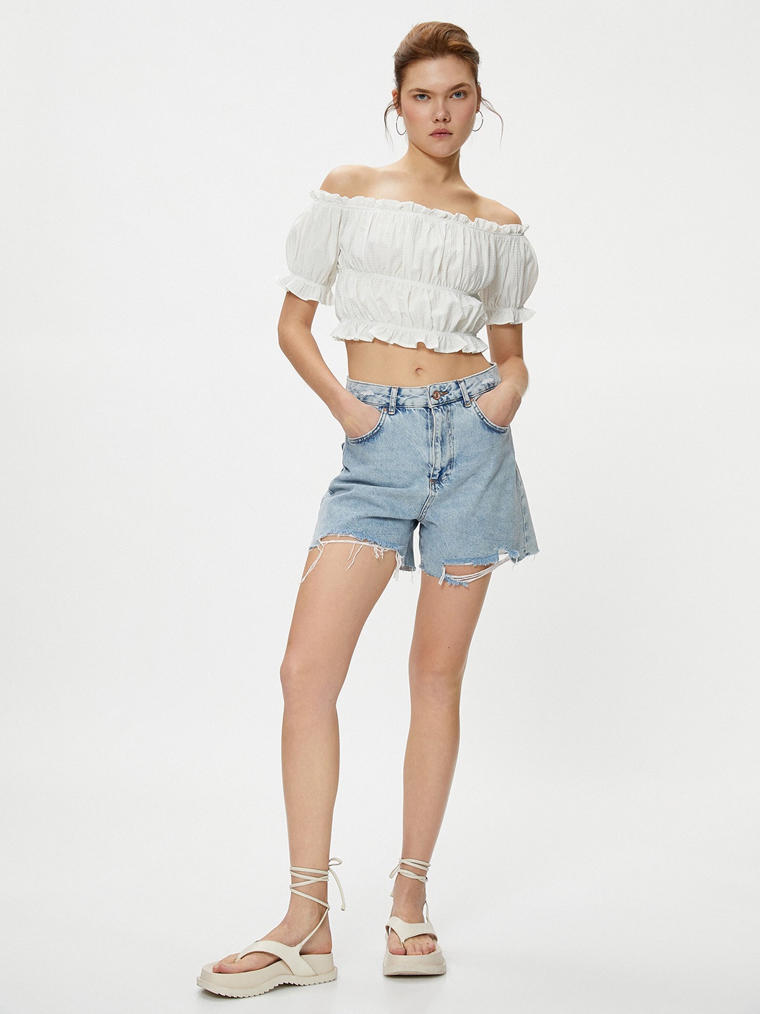 

Koton Off-Shoulder Puff Sleeves Bardot Crop Top, White