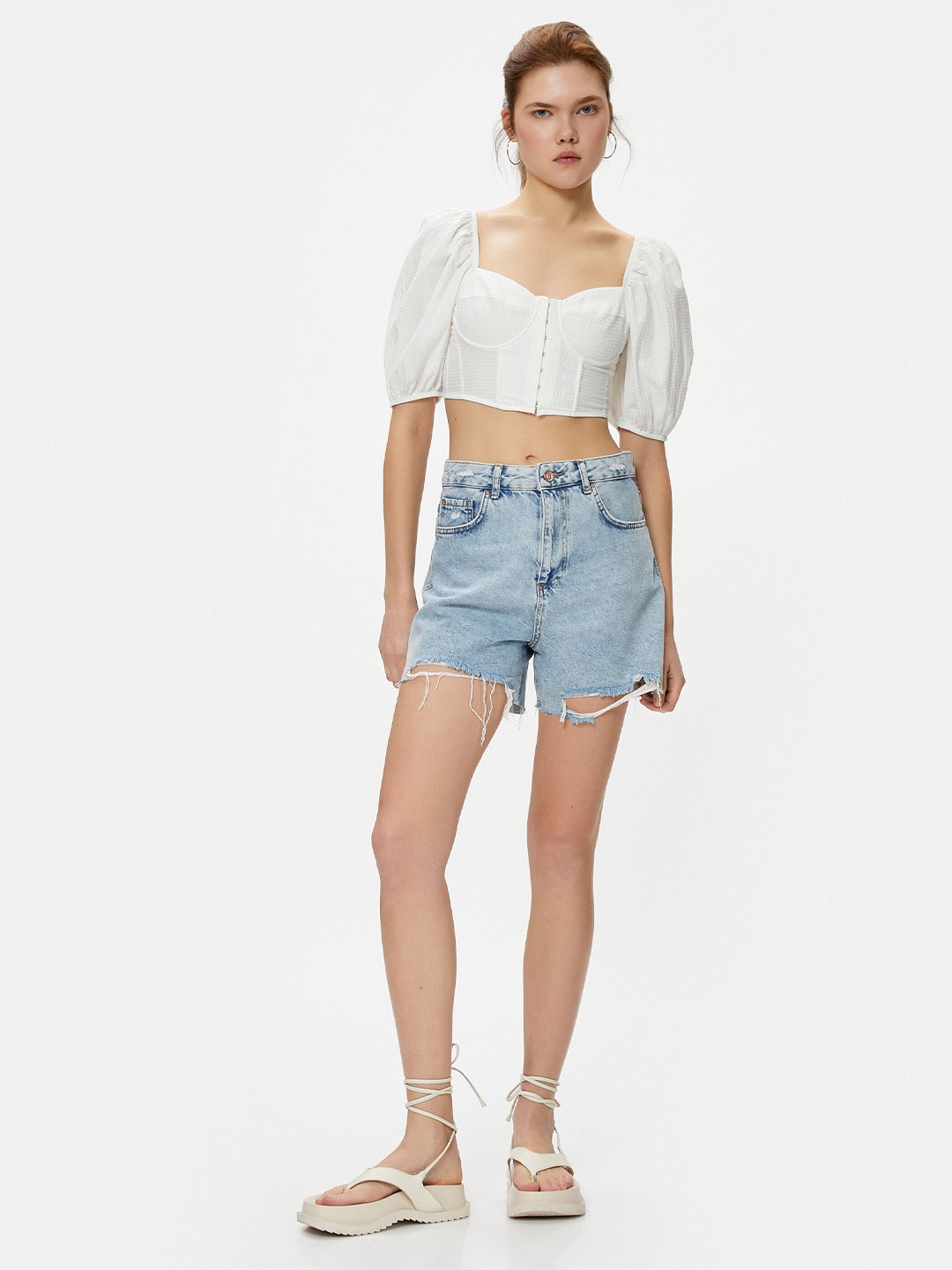 

Koton Sweetheart Neck Puff Sleeve Crop Top, White