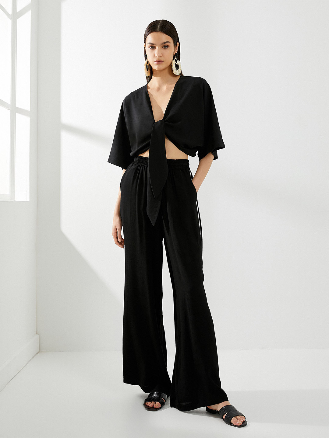 

Koton Flared Sleeve V-Neck Crop Top, Black