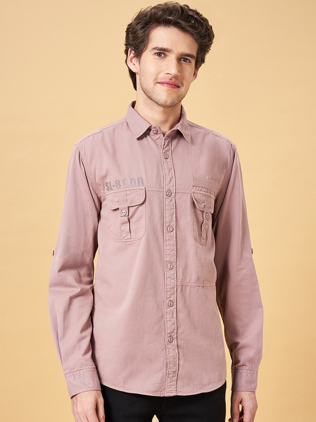

People Spread Collar Slim Fit Cotton Casual Shirt, Pink