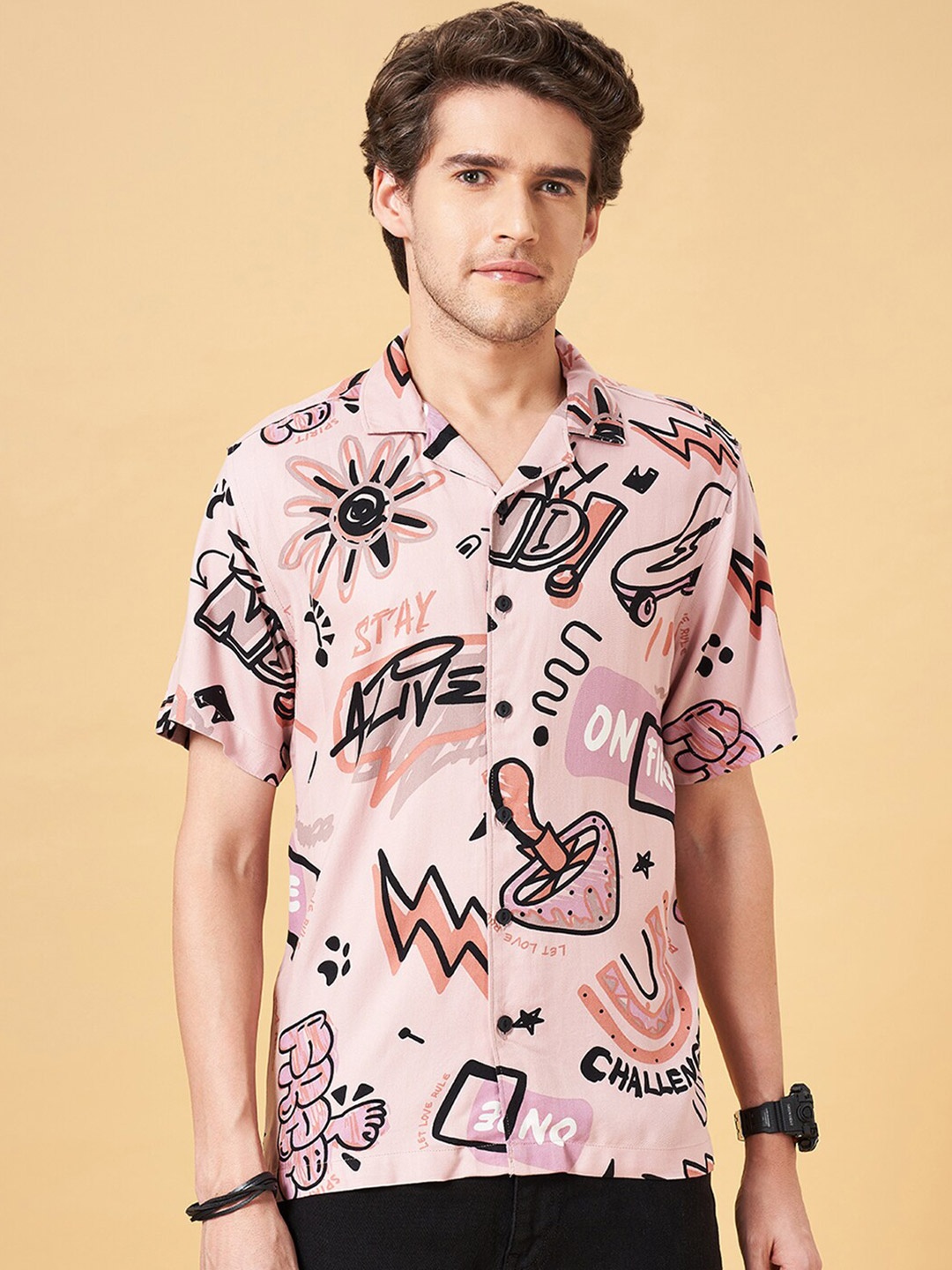 

People Conversational Printed Slim Fit Cuban Collar Casual Shirt, Pink