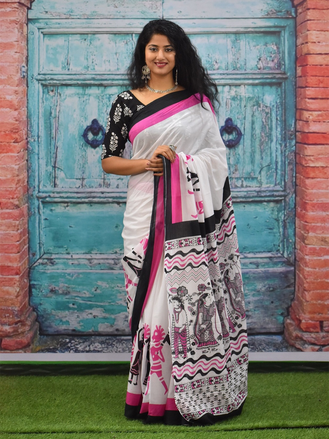 

JALTHER Ethnic Motifs Printed Pure Cotton Block Print Saree, Pink