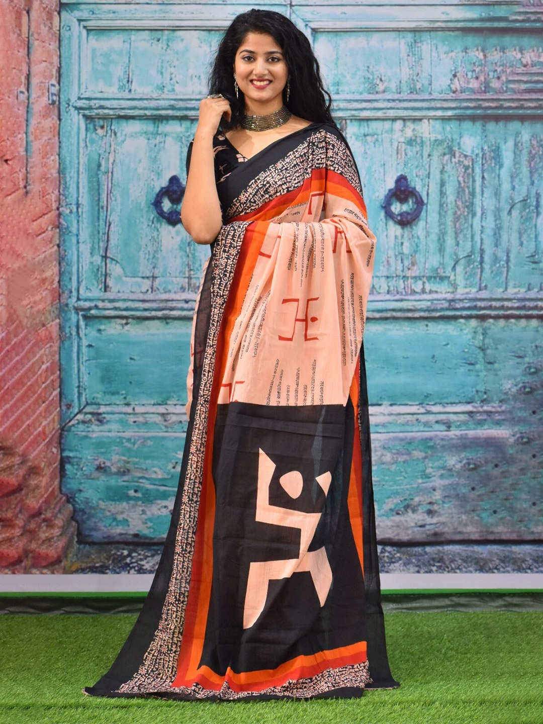 

JALTHER Batik Printed Pure Cotton Block Print Saree, Orange