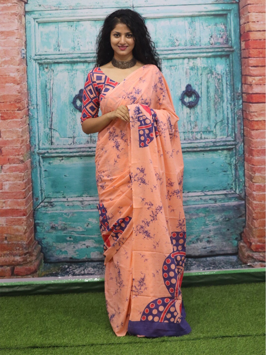 

JALTHER Ethnic Motif Printed Pure Cotton Saree, Peach