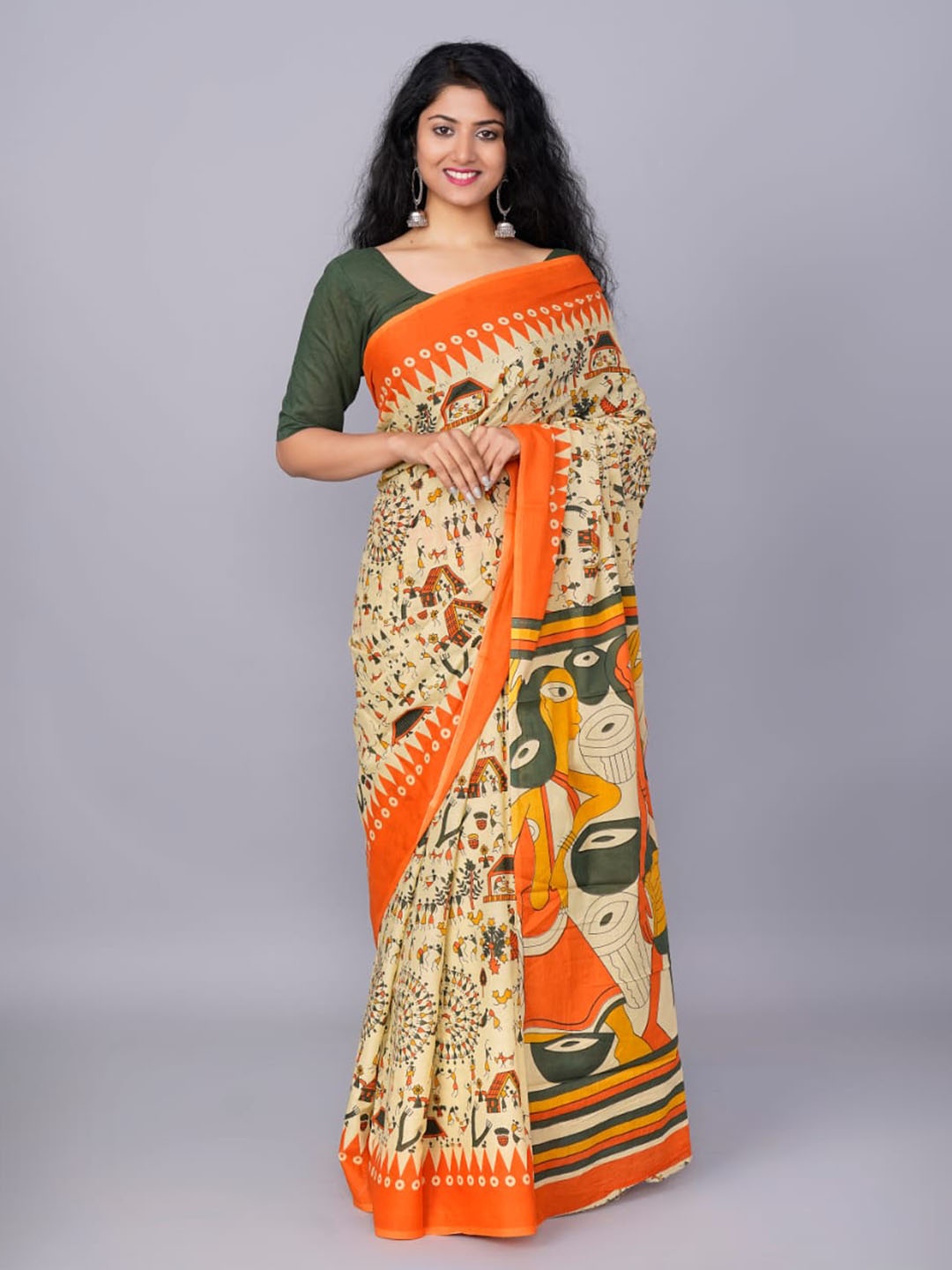 

JALTHER Ethnic Motifs Printed Pure Cotton Block Print Saree, Cream