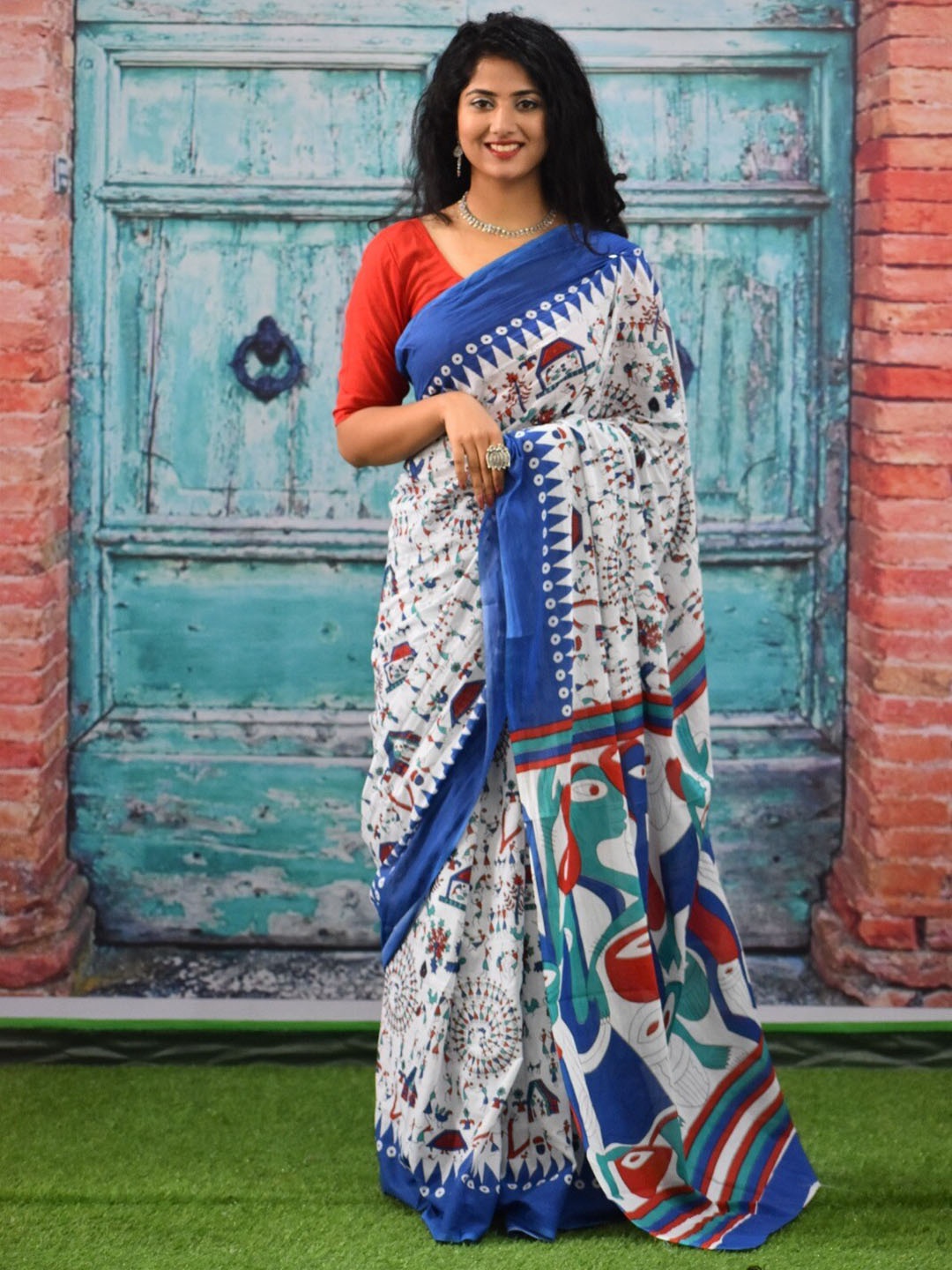 

JALTHER Ethnic Motifs Printed Mulmul Cotton Block Print Saree, White