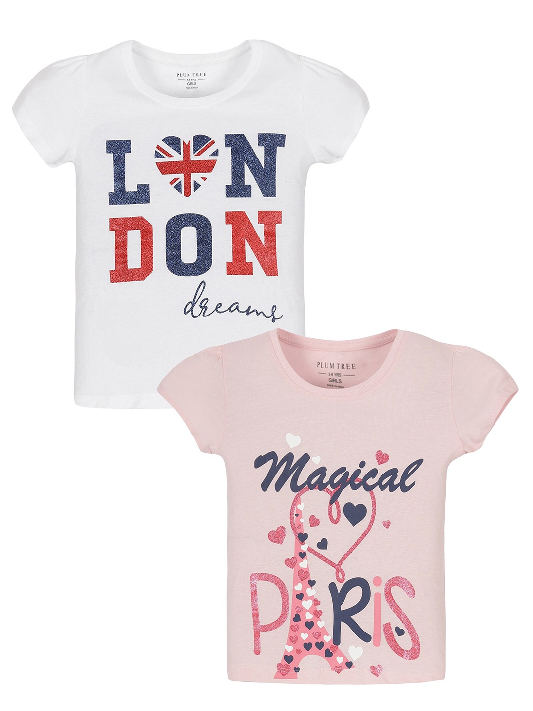 

PLUM TREE Girls Pack Of 2 Typography Printed Pure Cotton T-shirt, White