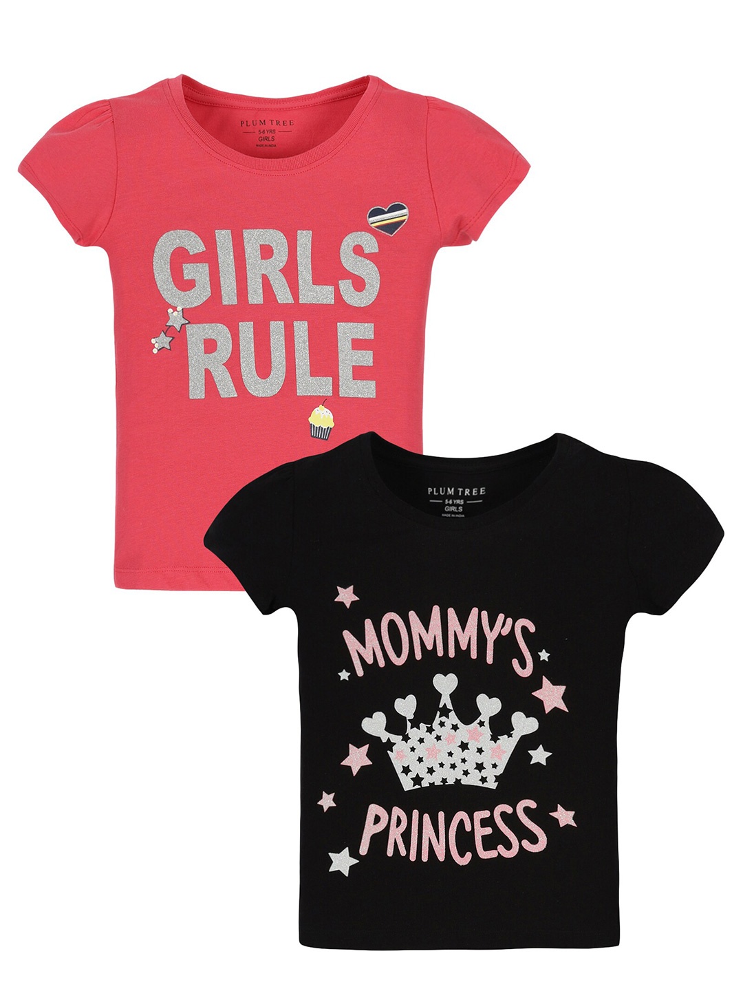 

PLUM TREE Girls Pack Of 2 Typography Printed Pure Cotton T-shirt, Black