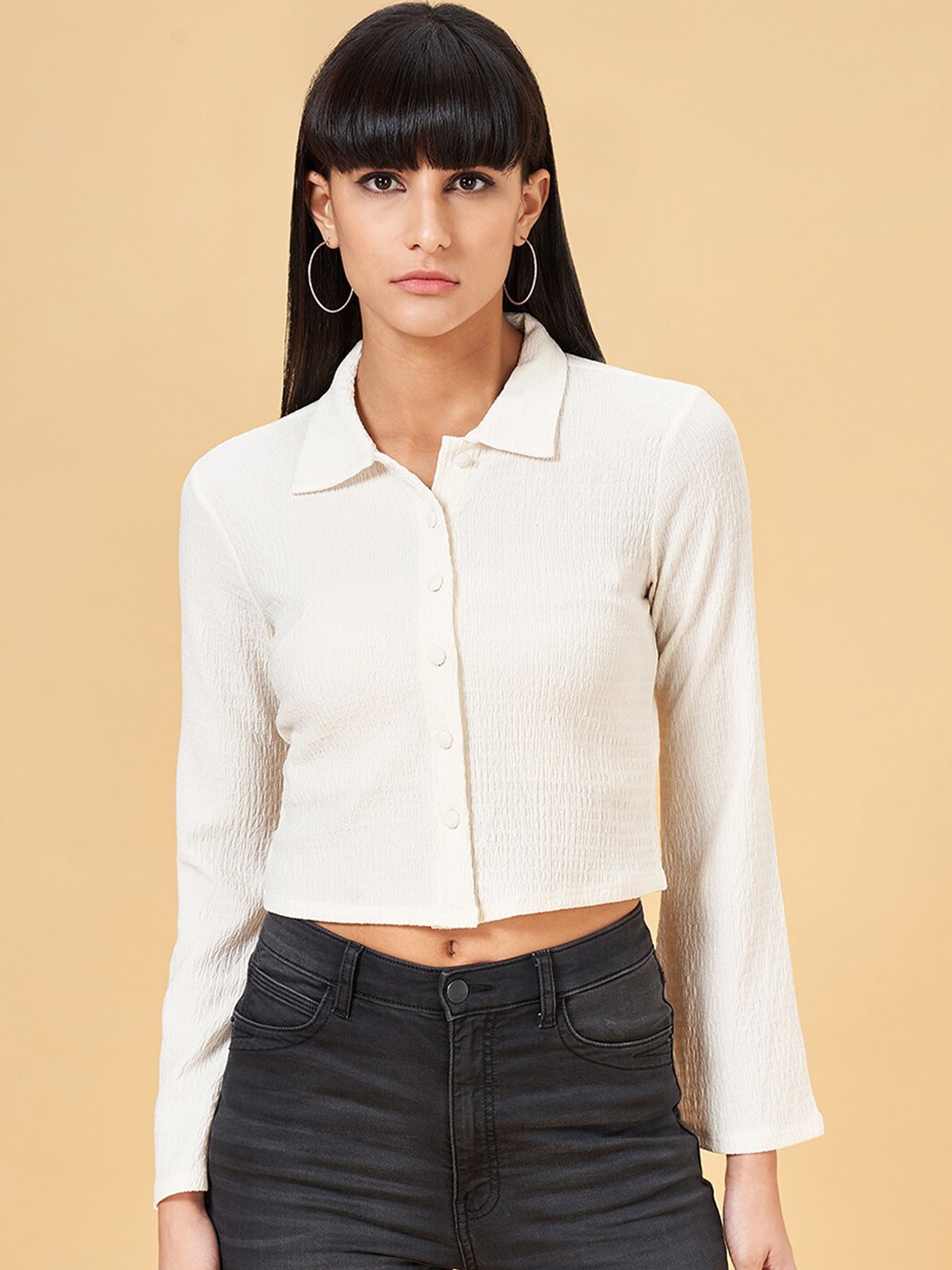 

SF JEANS by Pantaloons Slim Fit Textured Spread Collar Long Sleeves Crop Casual Shirt, Cream