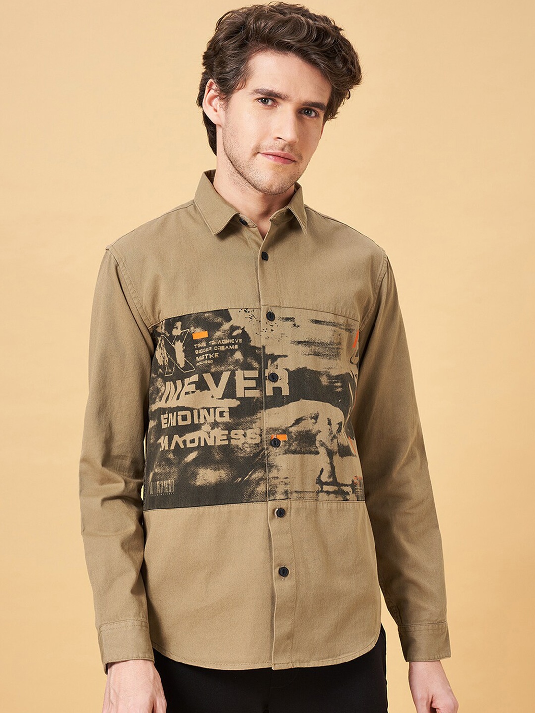 

Street 808 by Pantaloons Slim Fit Graphic Printed Cotton Casual Shirt, Beige