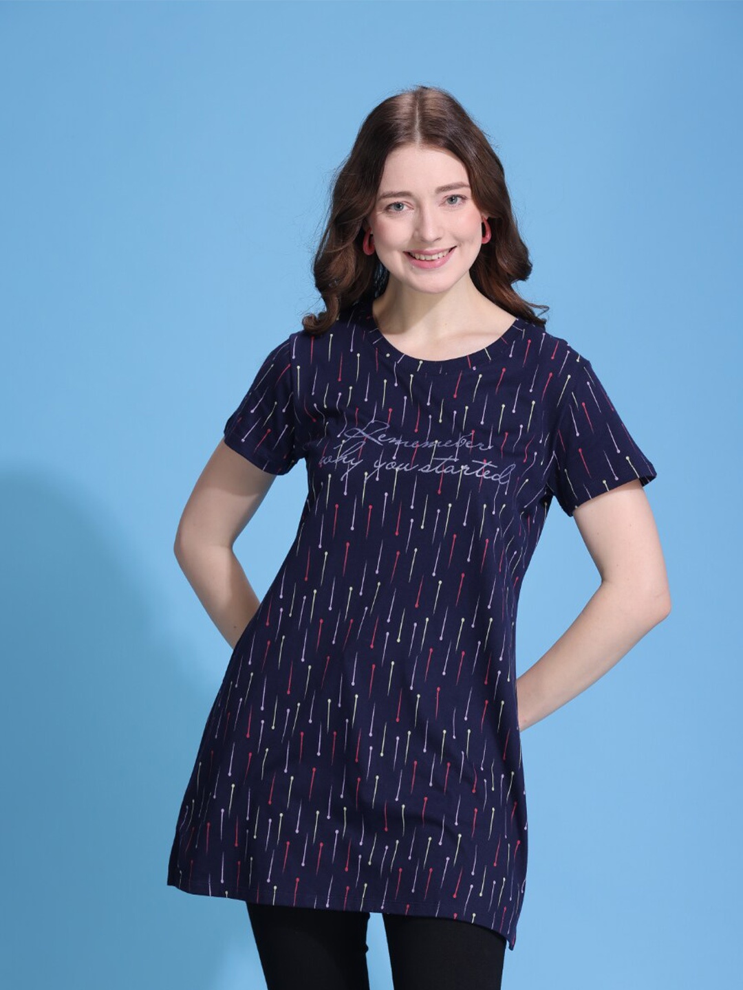

TITTLI Geometric Printed Pure Cotton Longline Top, Navy blue