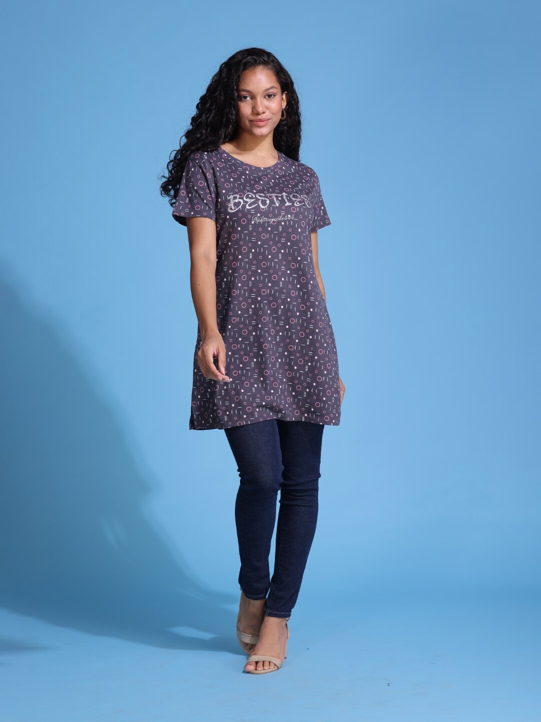 

TITTLI Typography Print Pure Cotton Longline Top, Grey