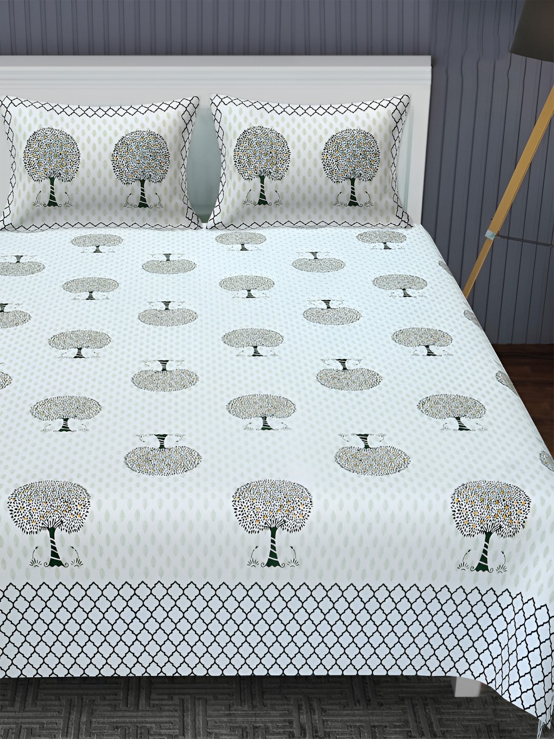 

POORAK Green & White Ethnic Motifs 144 TC Pure Cotton King Bedsheet With 2 Pillow Covers
