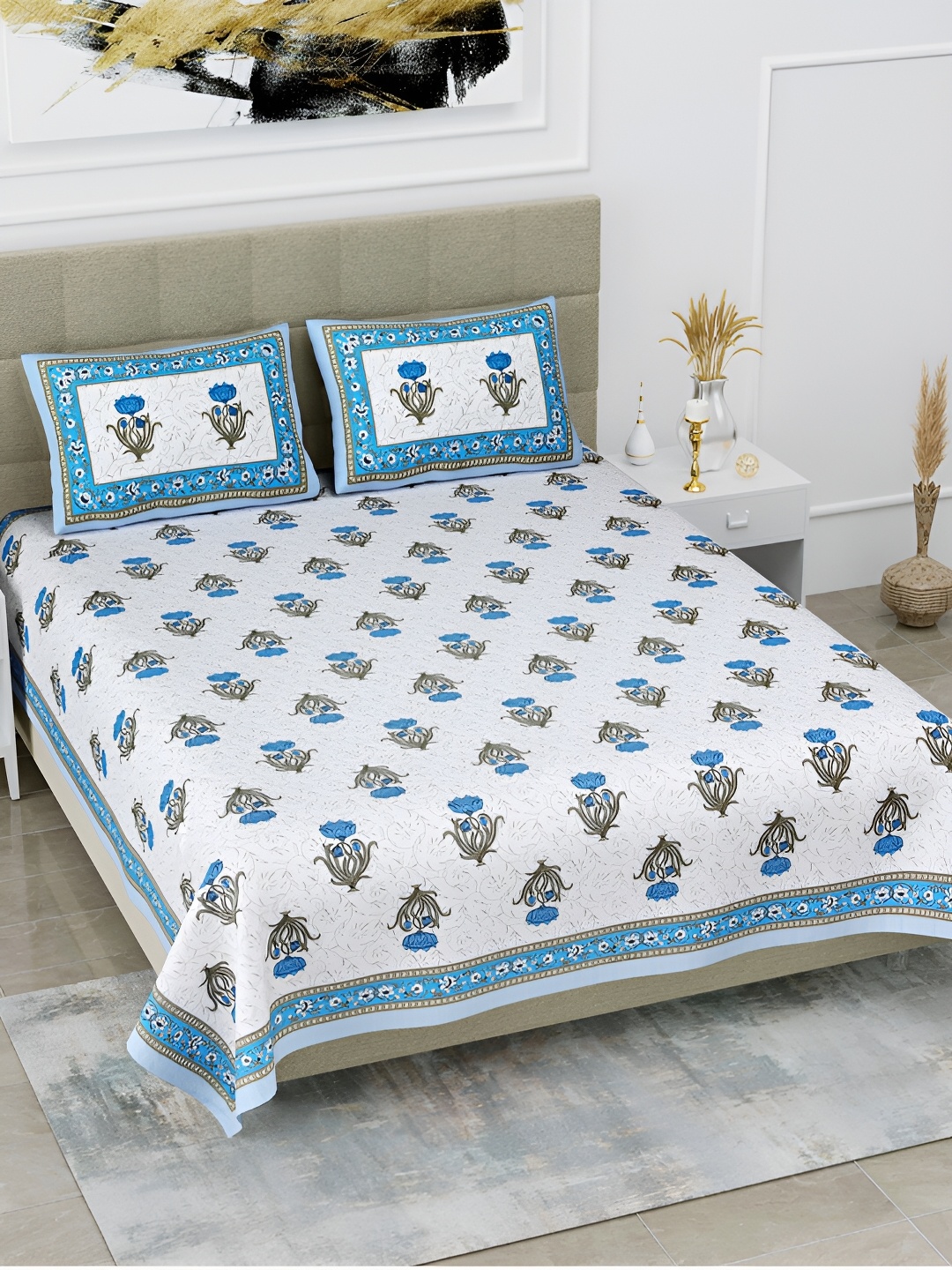 

POORAK Blue & White Ethnic Motifs Cotton 144 TC King Bedsheet with 2 Pillow Covers