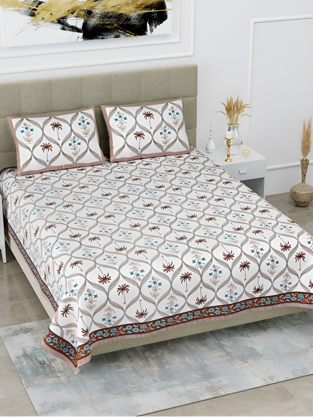

POORAK Brown & White Floral 144 TC Pure Cotton King Bedsheet With 2 Pillow Covers