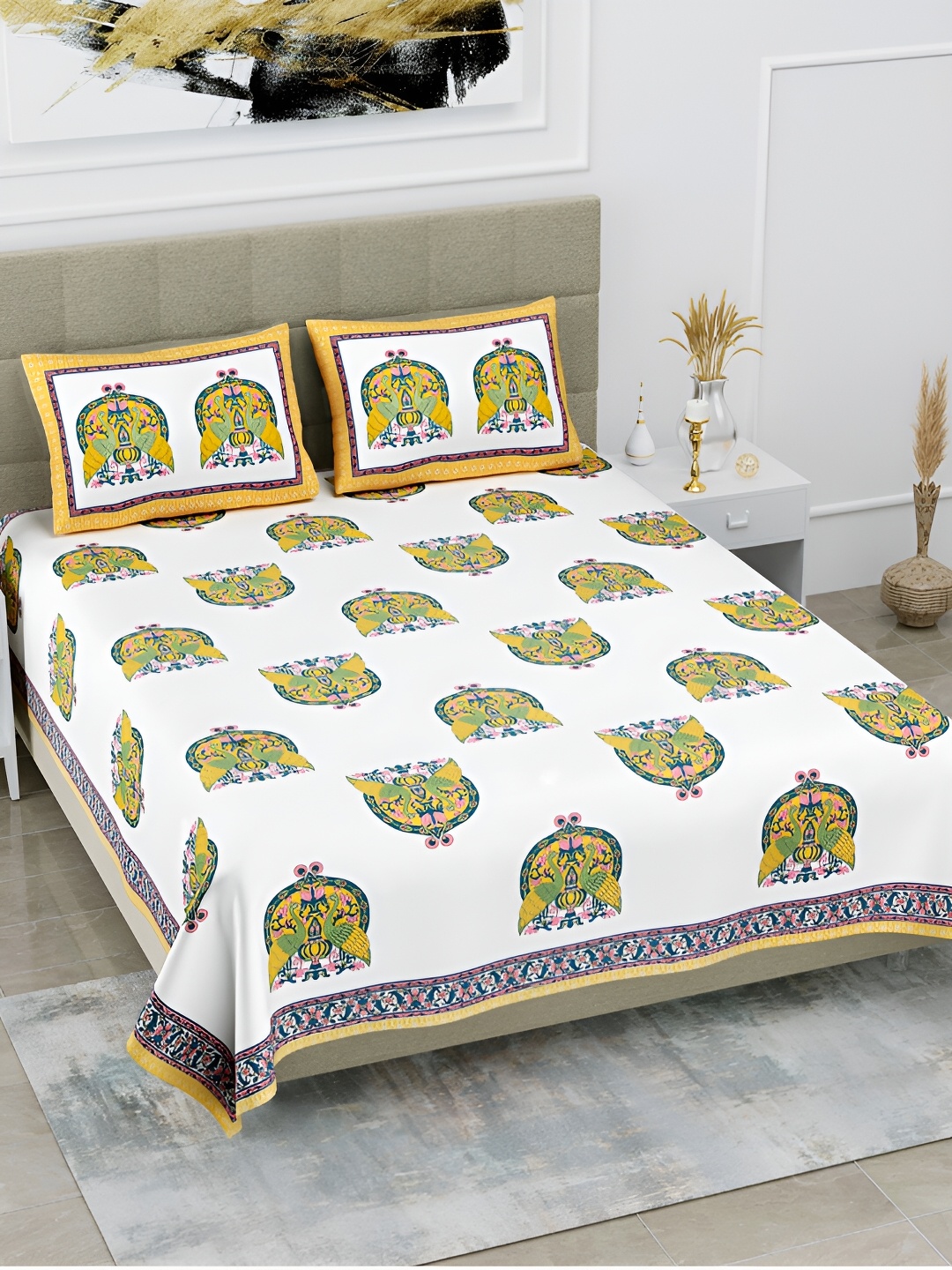 

POORAK Green & White Ethnic Motifs 144 TC Pure Cotton King Bedsheet With 2 Pillow Covers