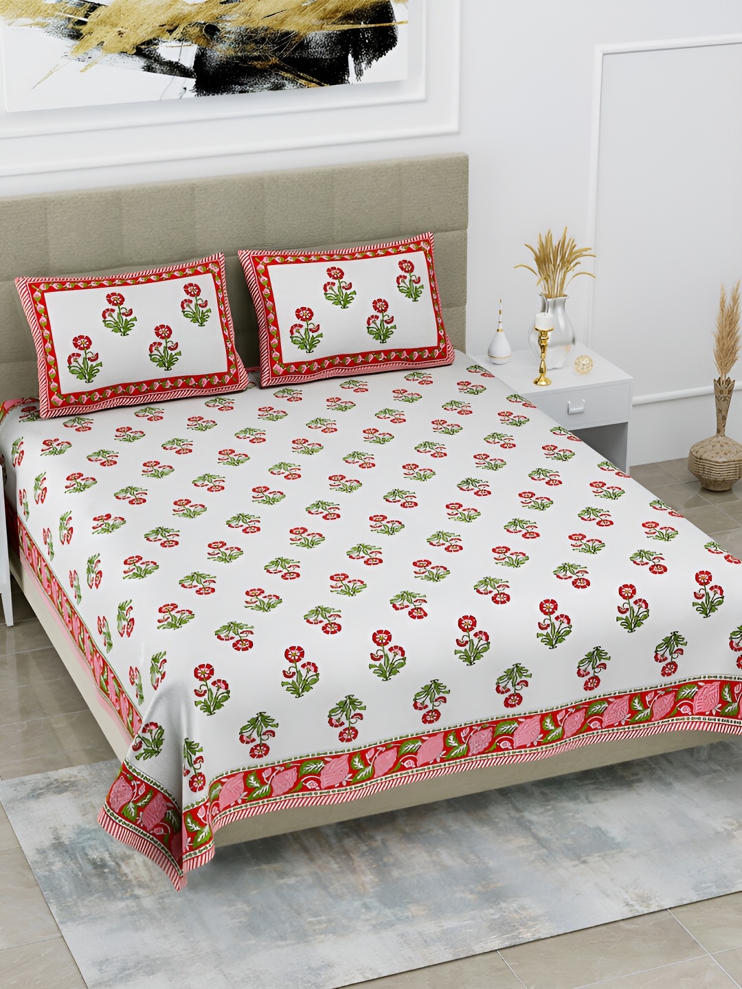 

POORAK Red & Green Floral 144 TC Pure Cotton King Bedsheet With 2 Pillow Covers
