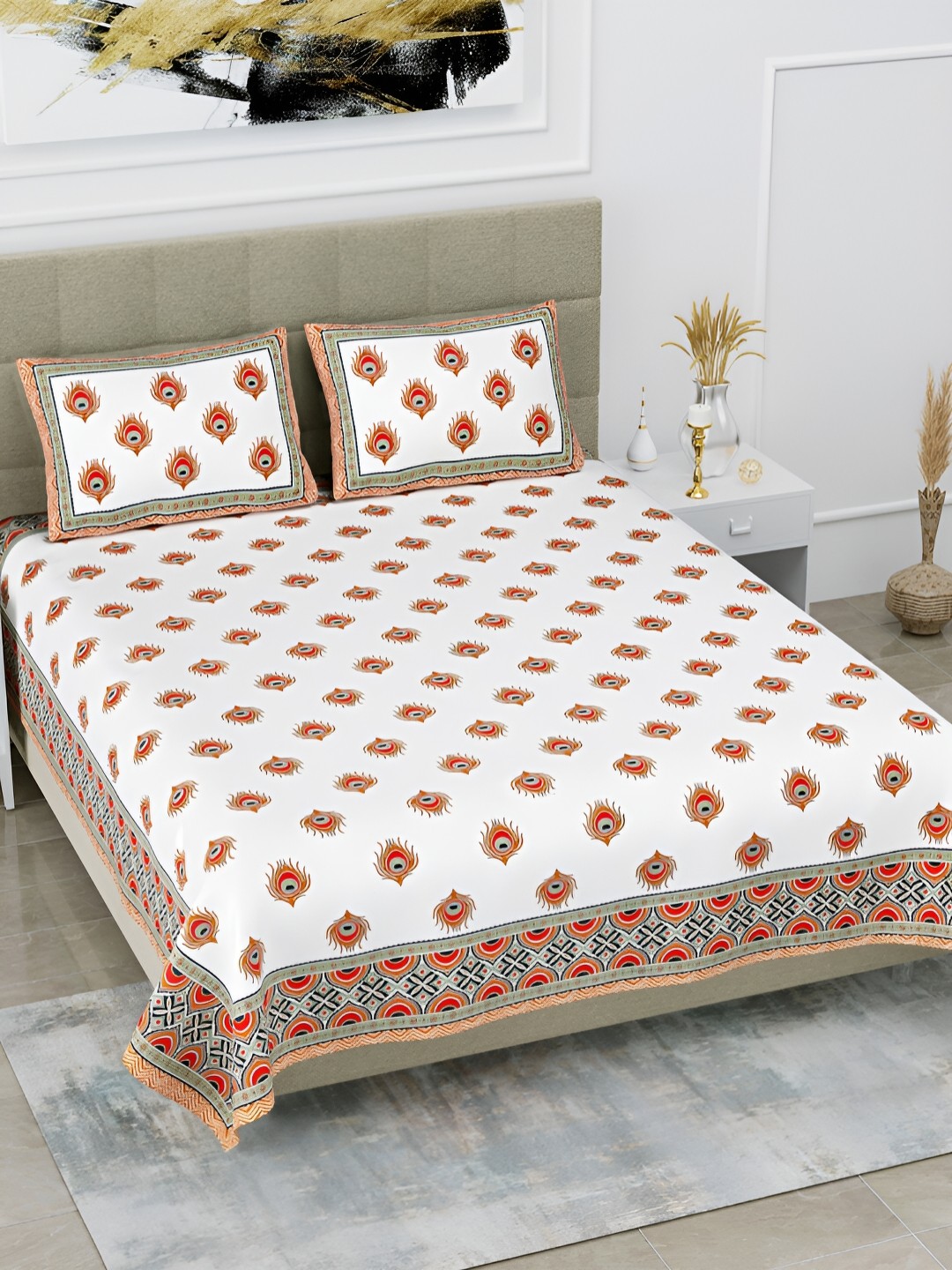 

POORAK Orange & White Floral Printed Cotton 144 TC King Bedsheet with 2 Pillow Covers