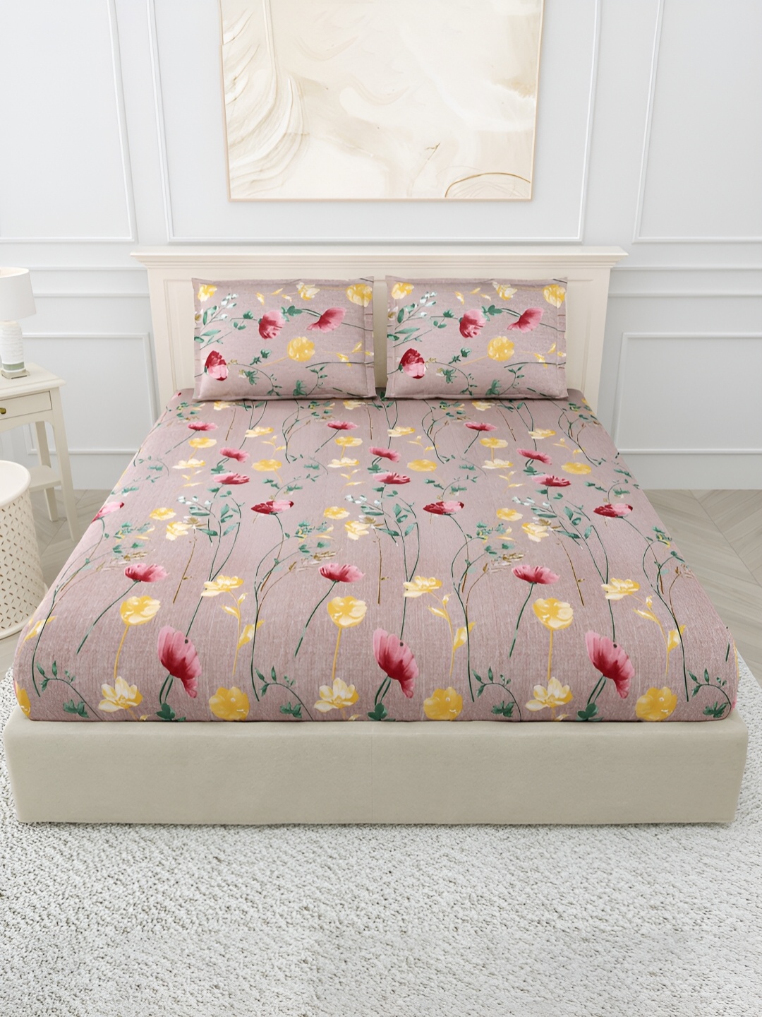 

POORAK Brown & Orange Floral 144 TC Pure Cotton King Bedsheet With 2 Pillow Covers