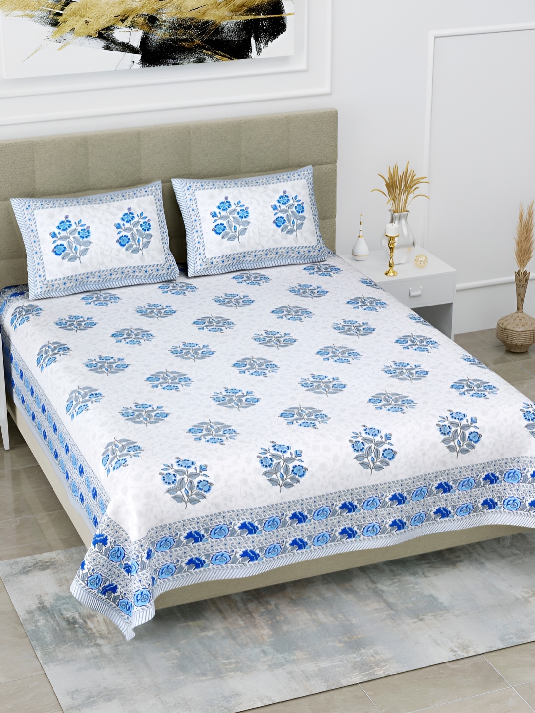 

POORAK Blue & White Floral 144 TC Pure Cotton King Bedsheet With 2 Pillow Covers