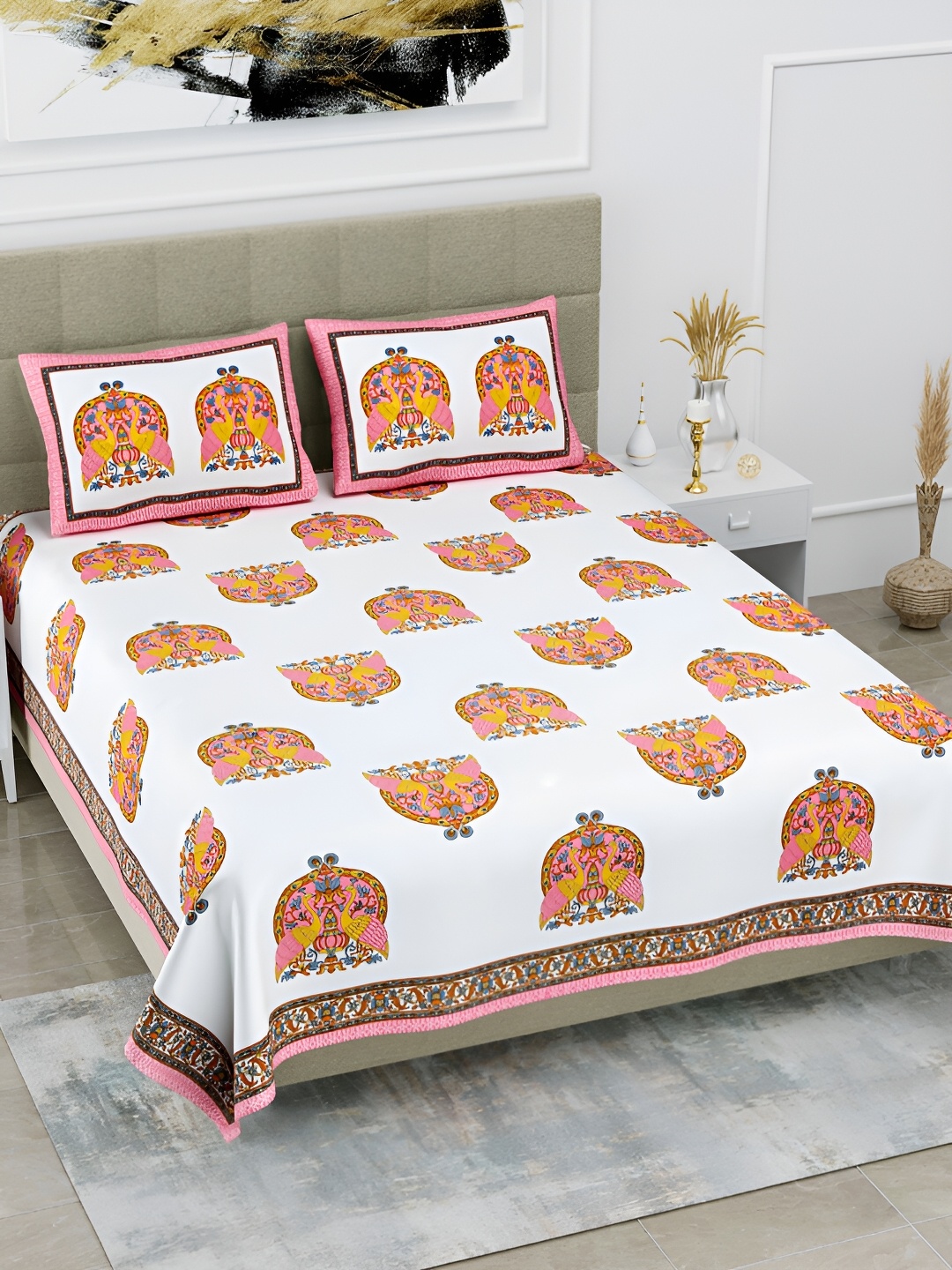 

POORAK Pink & White Ethnic Motifs 144 TC Pure Cotton King Bedsheet With 2 Pillow Covers