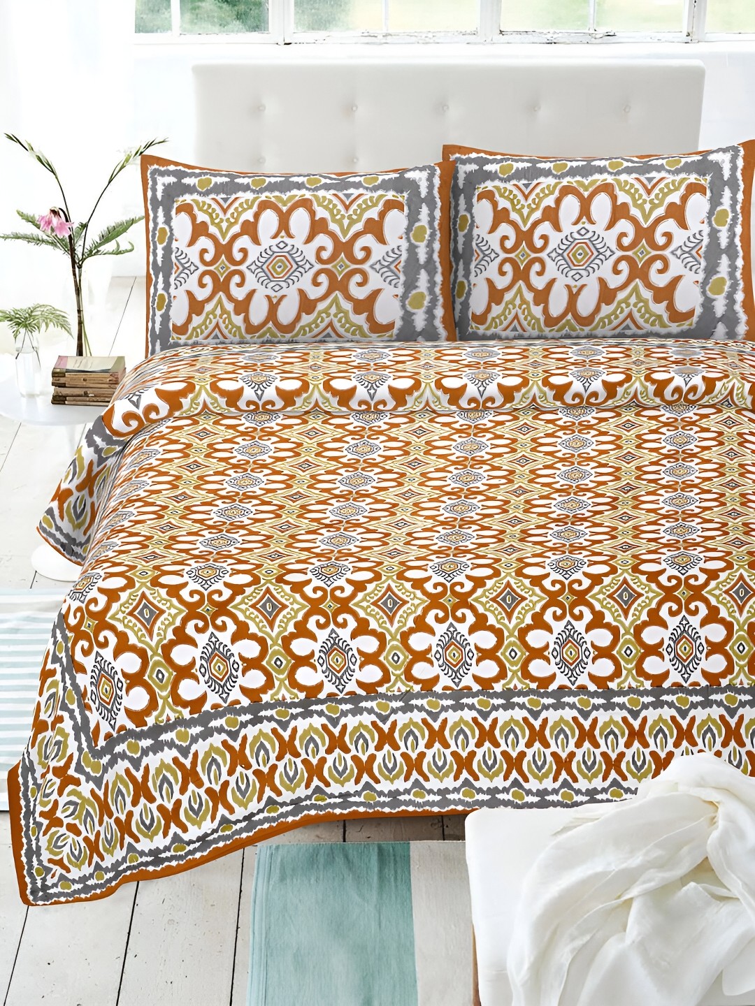 

POORAK Brown & White Ethnic Motifs 144 TC Pure Cotton King Bedsheet With 2 Pillow Covers