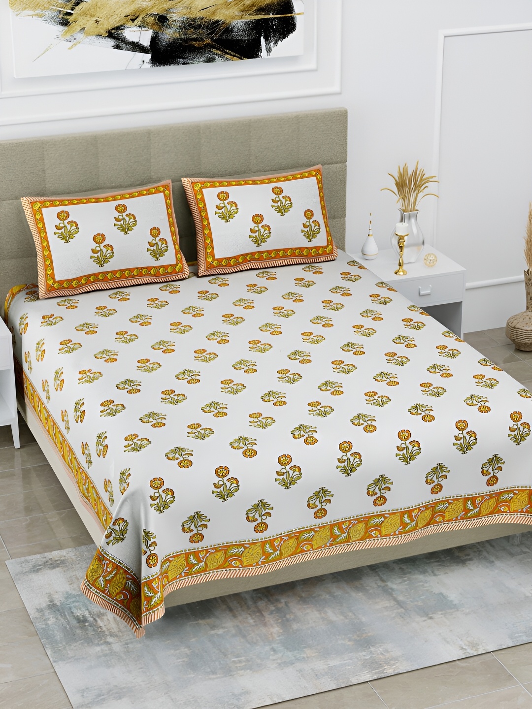 

POORAK Yellow & Green Floral Printed Cotton 144 TC King Bedsheet with 2 Pillow Covers