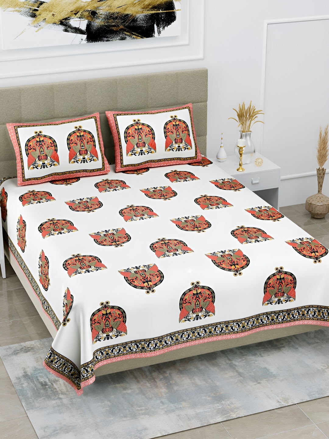 

POORAK Red & White Ethnic Motifs Cotton 144 TC King Bedsheet with 2 Pillow Covers