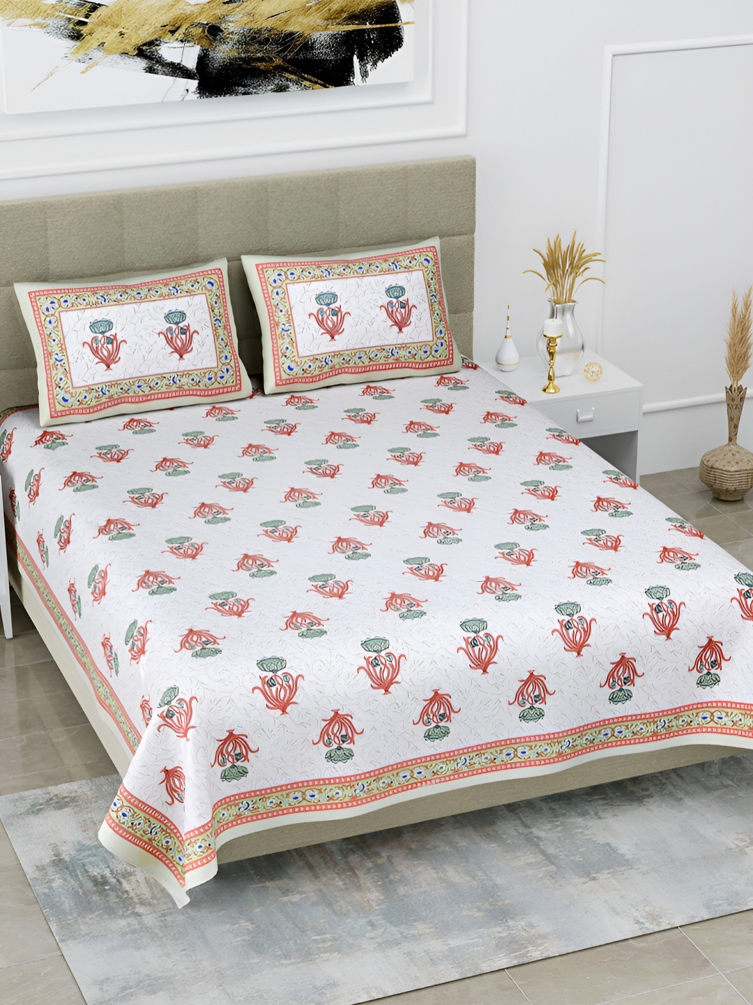 

POORAK White & Pink Ethnic Motifs Cotton 144 TC King Bedsheet with 2 Pillow Covers