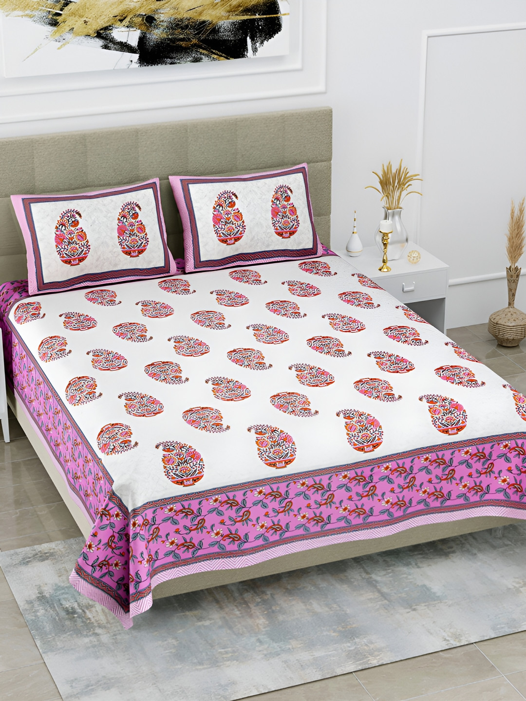 

POORAK Pink & Pink Ethnic Motifs 144 TC Pure Cotton King Bedsheet With 2 Pillow Covers