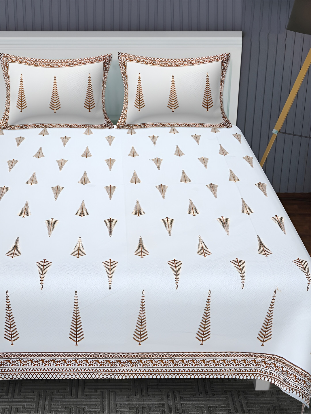 

POORAK Brown & White Ethnic Motifs Cotton 144 TC King Bedsheet with 2 Pillow Covers