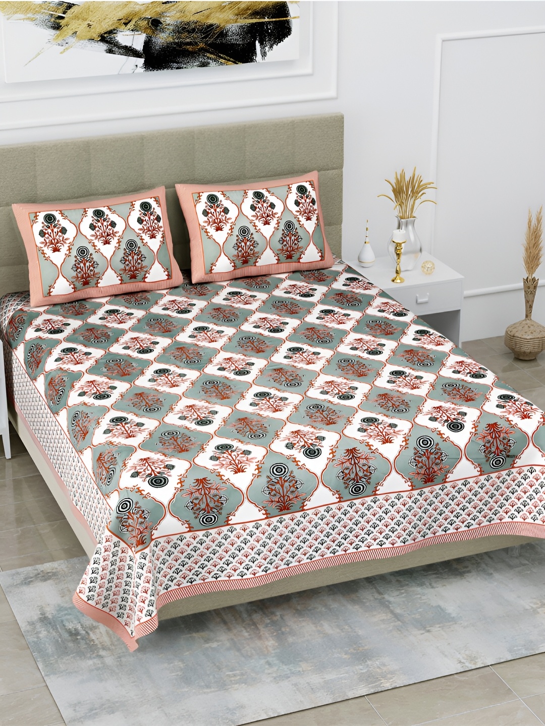 

POORAK Orange & White Ethnic Motifs 144 TC Pure Cotton King Bedsheet With 2 Pillow Covers
