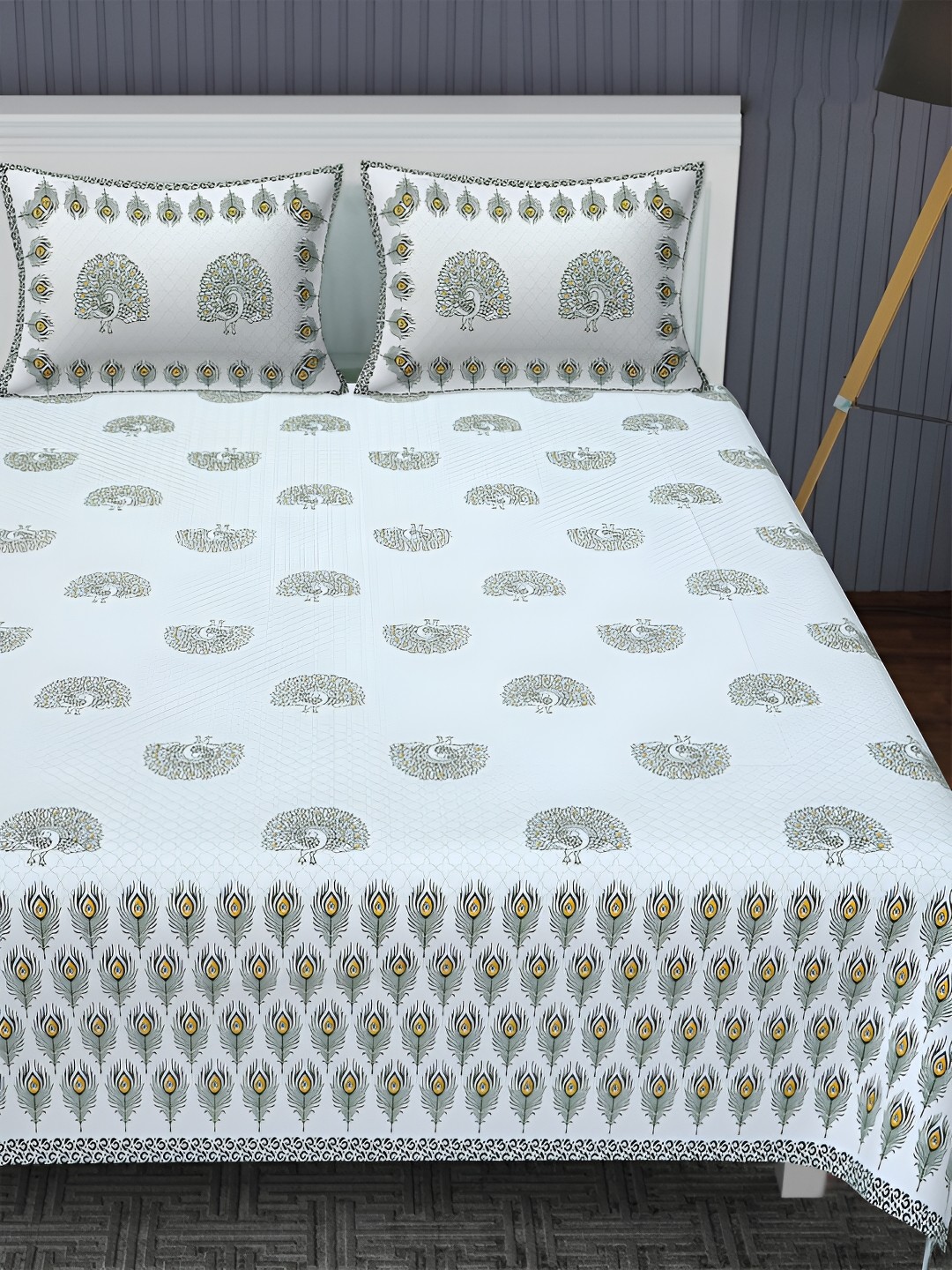 

POORAK Green & White Ethnic Motifs 144 TC Pure Cotton King Bedsheet With 2 Pillow Covers